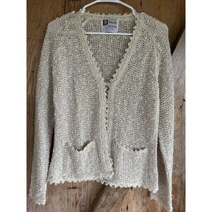 100% Irish Linen A Pallas Original Hand Loomed Cardigan Sweater Vintage L